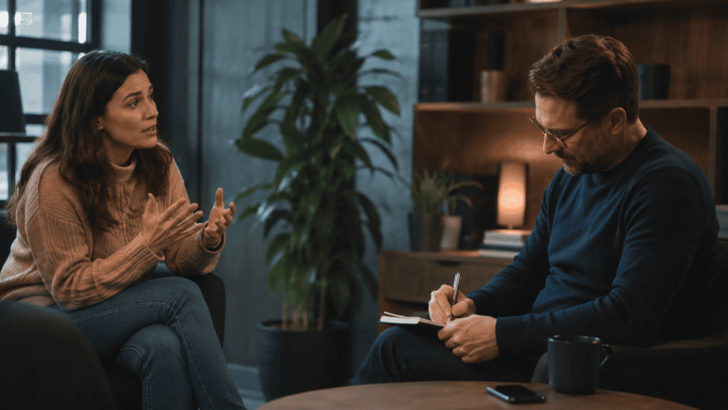 Cliente che parla mentre il coach appare distratto durante una sessione
