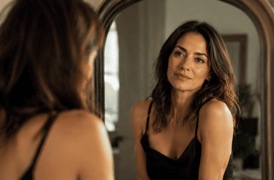 Donna italiana osserva la propria immagine con consapevolezza