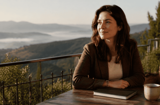 Donna italiana consapevole su una terrazza abruzzese