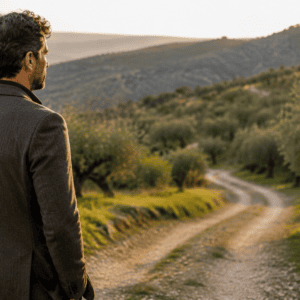 Uomo italiano davanti a un percorso tra gli ulivi