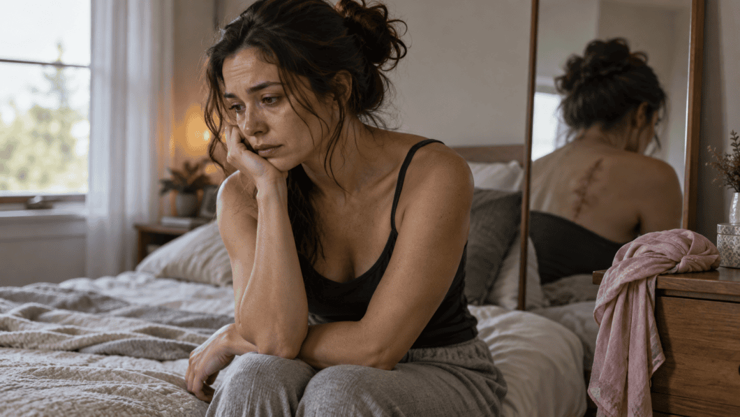 Donna pensierosa seduta sul letto; nello specchio compare una cicatrice sulla schiena, rappresentazione del rifiuto del partner legato a una condizione fisica.