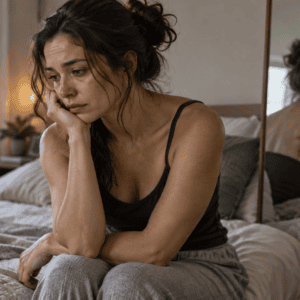 Donna pensierosa seduta sul letto; nello specchio compare una cicatrice sulla schiena, rappresentazione del rifiuto del partner legato a una condizione fisica.